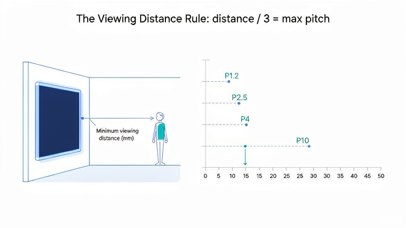 LED viewing distance rule: divide distance in meters by 3 to get the maximum pixel pitch