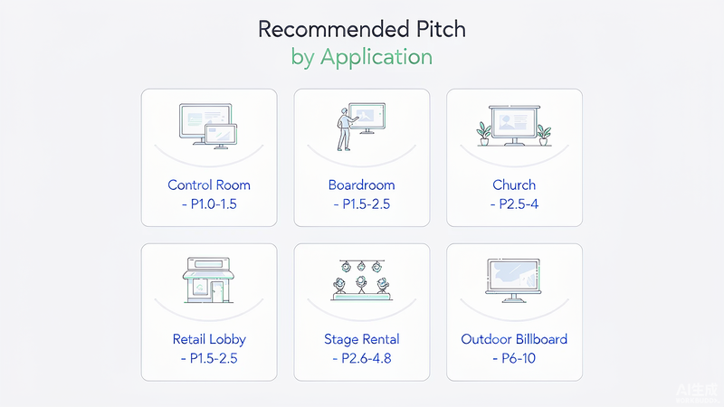 Recommended LED pixel pitch by application: control room, boardroom, church, retail, stage and billboard