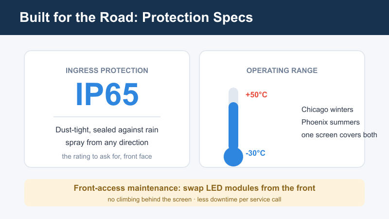 Infographic showing IP65 weatherproofing and operating temperature range of truck LED screens