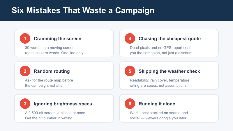 Infographic checklist of mistakes to avoid with LED billboard truck campaigns